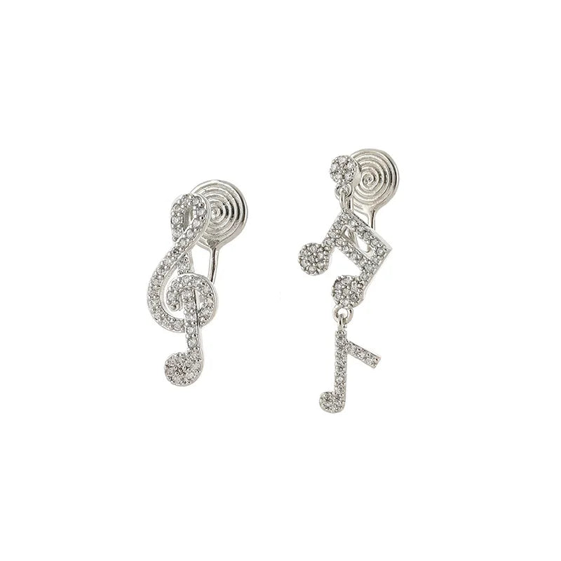 Luxury Elegant Asymmetric Music Note Zircon Stud & Clip On No Piercing Treble Clef Drop Earrings