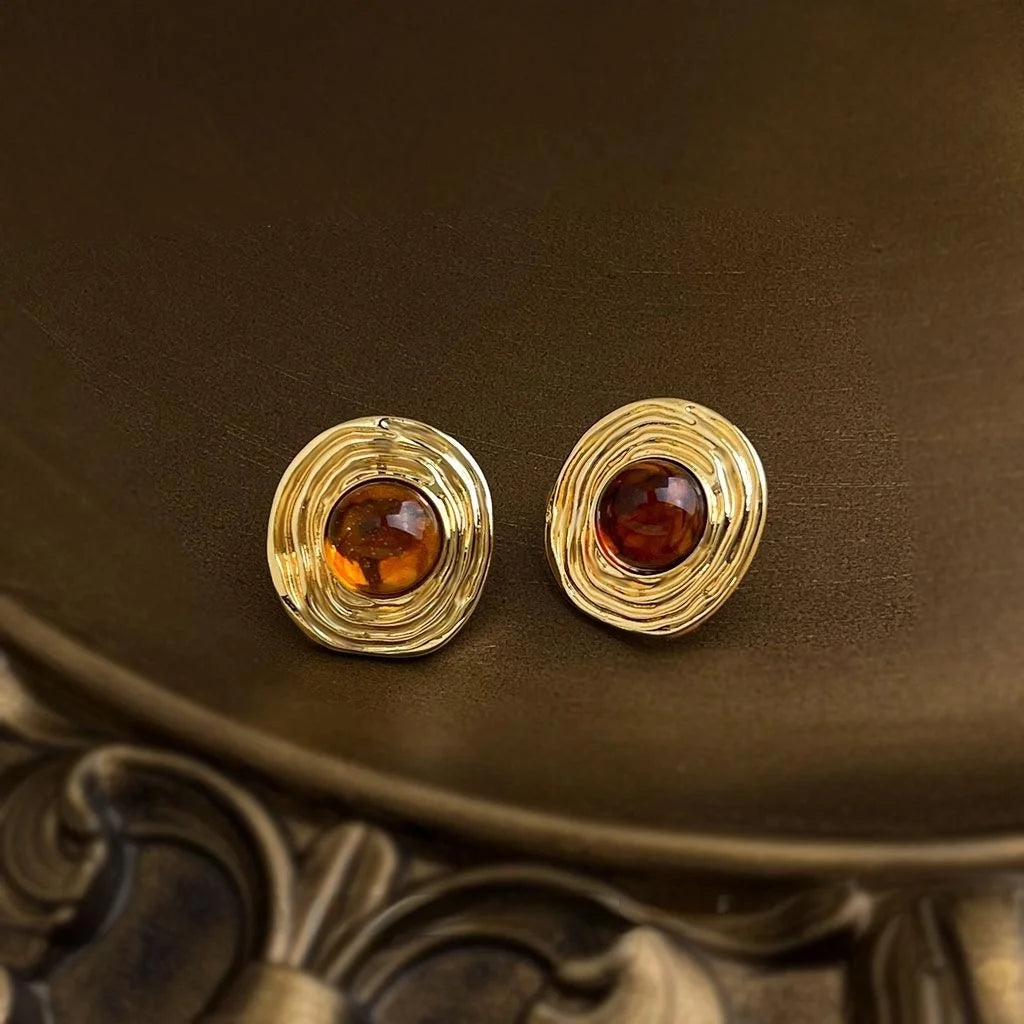 Maillard Style Round Geometric Textured Copper Stud Earrings
