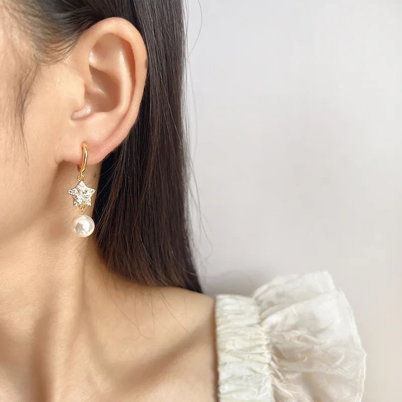 Elegant Luxury Gold Tone Alloy Asymmetric Star Moon Zircon Pearl Stud & Clip On No Piercing Dangle Earrings