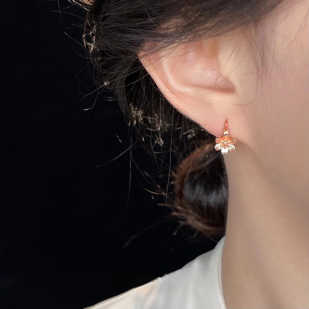Rose Gold Copper Peach Blossom Drop Earrings, Fresh New Chinese 3D Floral Ear Jewelry
