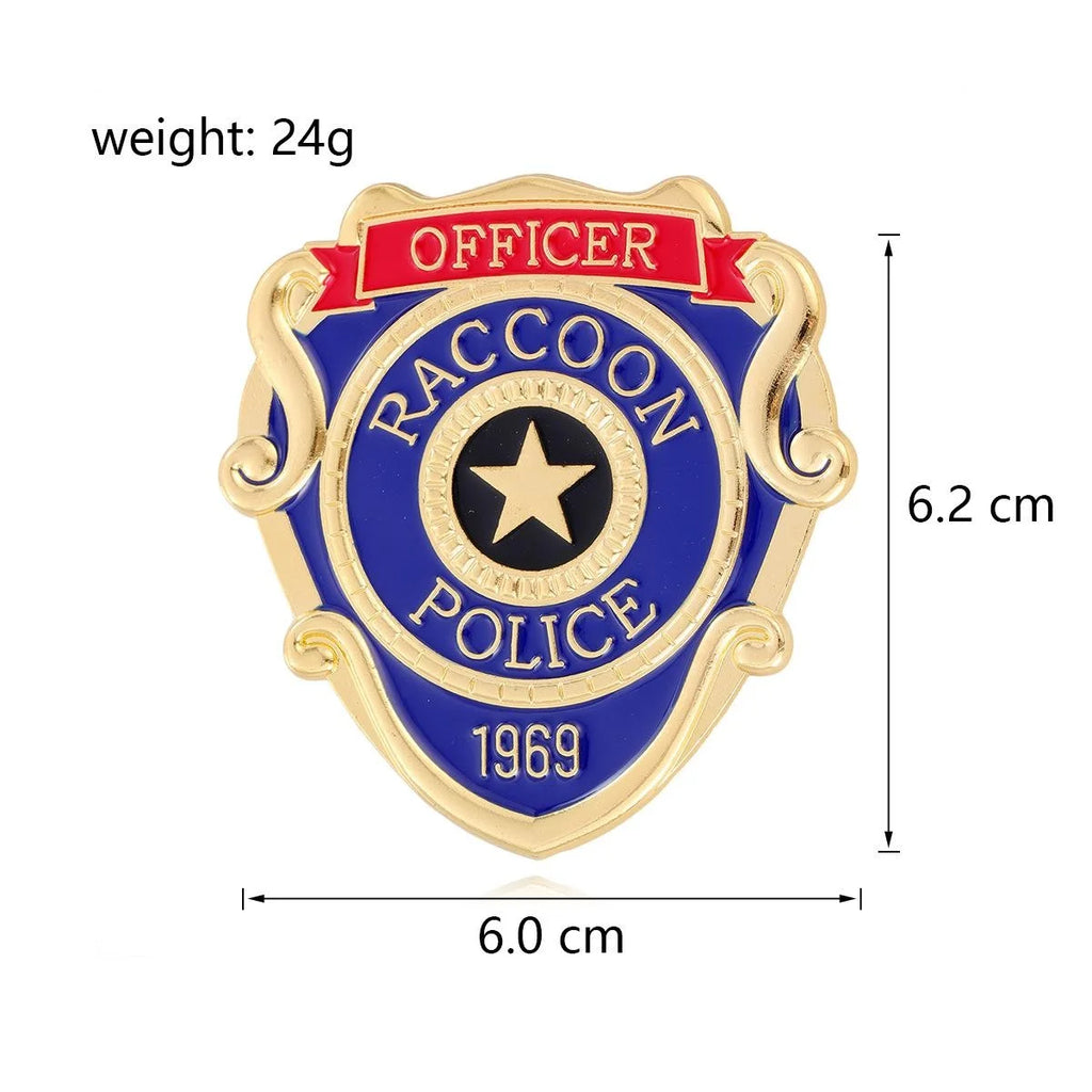 Vintage Raccoon Police Officer Badge Brooch, Gold Alloy Enamel Star Shield Lapel Pin Suit Accessory