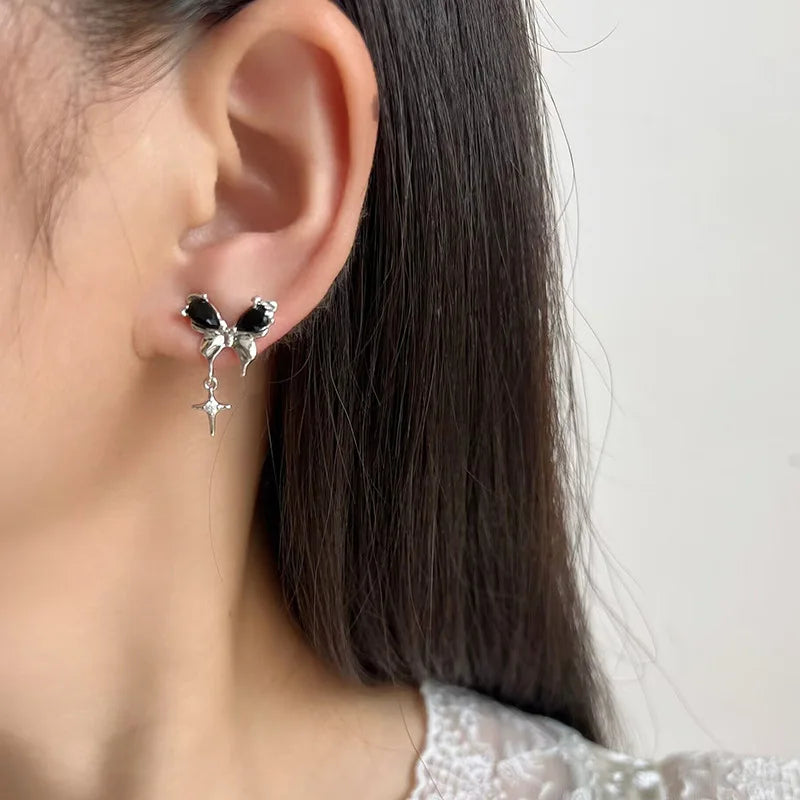Black Butterfly Zircon Star Dangle Stud & Clip On No Piercing Alloy Sweet Cool Earrings