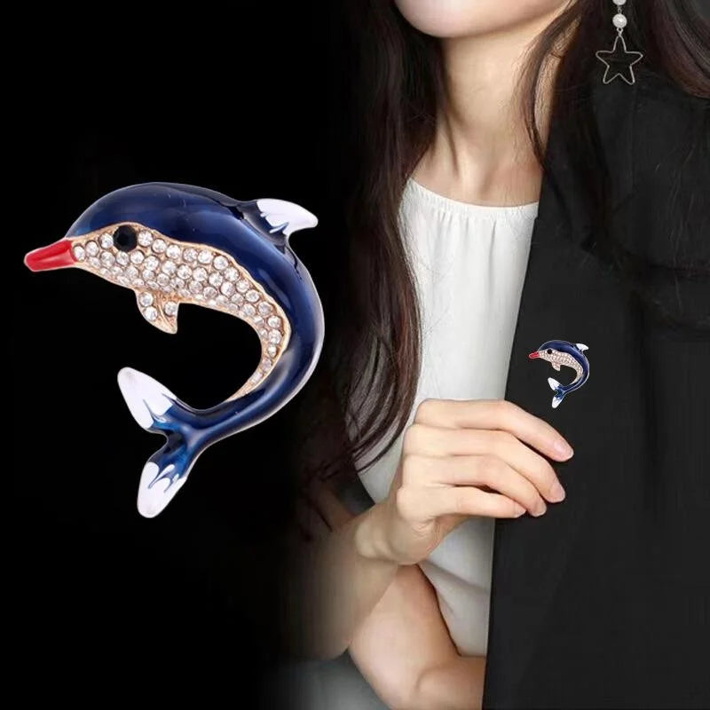 Cute Blue Enamel Dolphin Brooch With Rhinestones, Fashion Alloy Lapel Pin Corsage Gift For Women