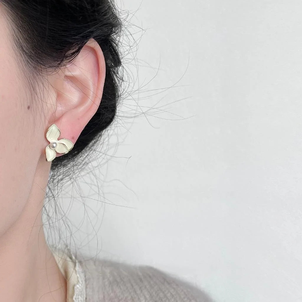 French Vintage Cream White Iris Flower Pearl Copper Stud Earrings With Leaf Design