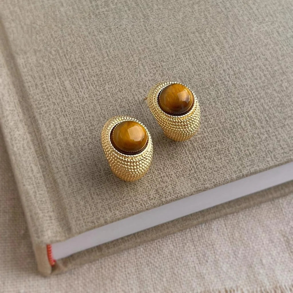 Vintage 14K Plated Copper Natural Tiger Eye Teardrop Geometric Drop Earrings