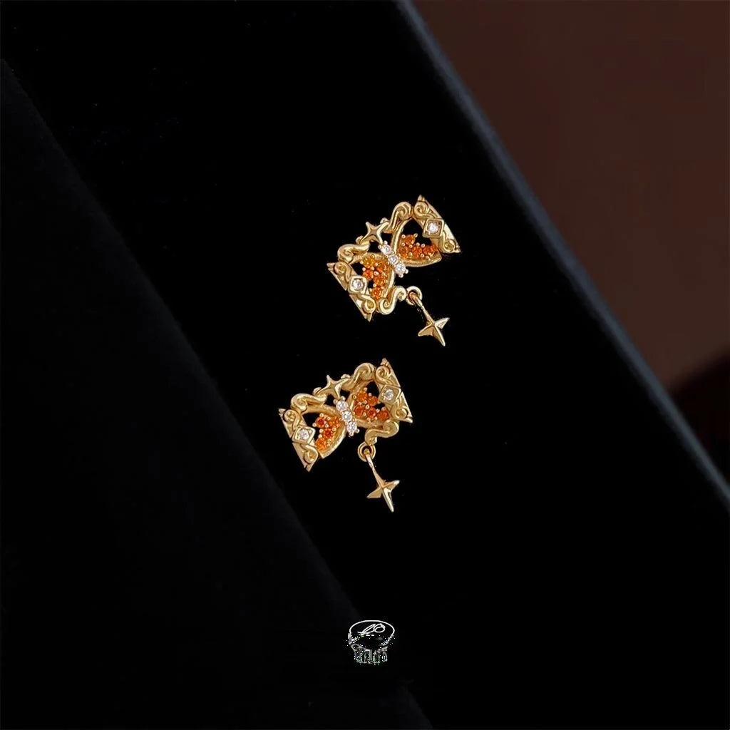 Light Luxury Copper Zircon Bow Star Hourglass Stud Earrings With Silver Plated Pins