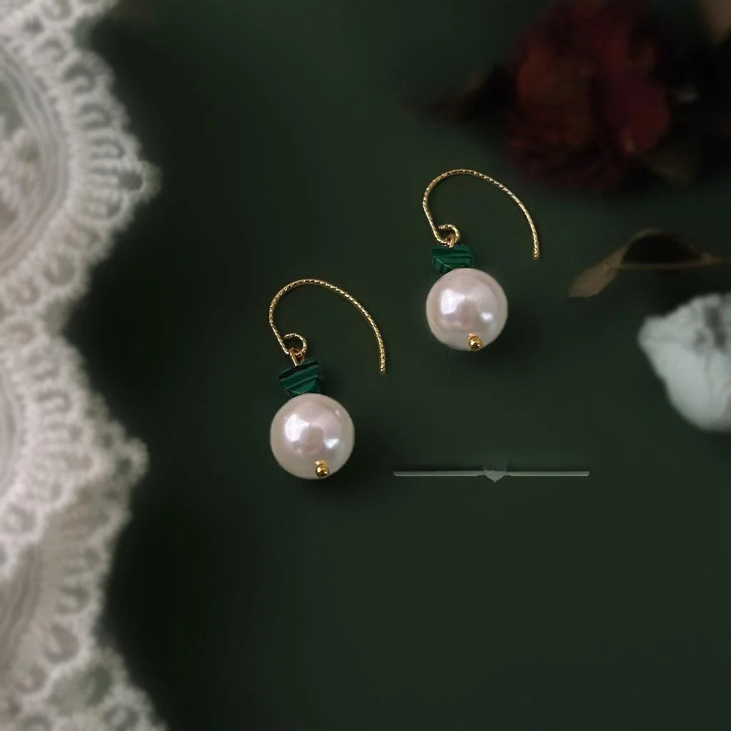 Vintage Ethnic New Chinese Glass Pearl Synthetic Malachite Geometric Round Drop Earrings