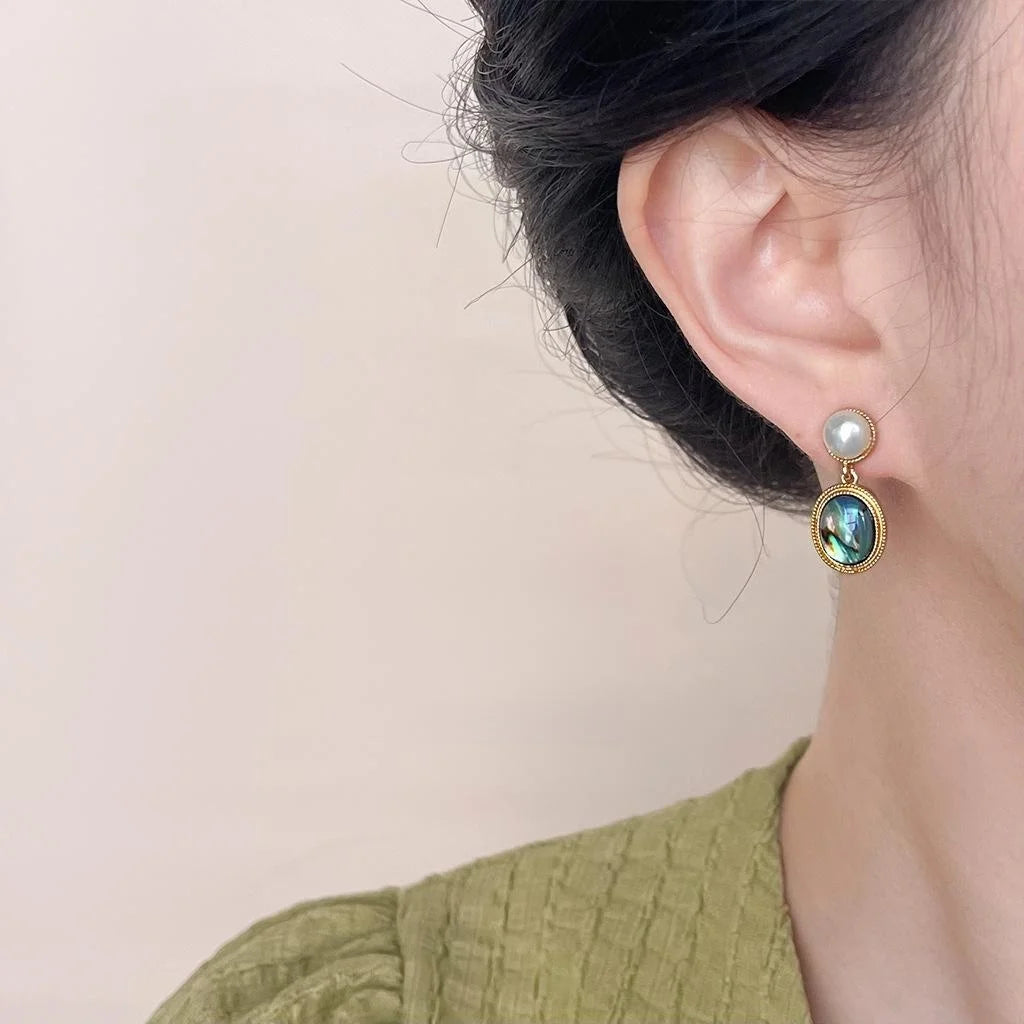 14K Gold Plated Copper Abalone Shell Freshwater Pearl Oval Geometric Stud Earrings