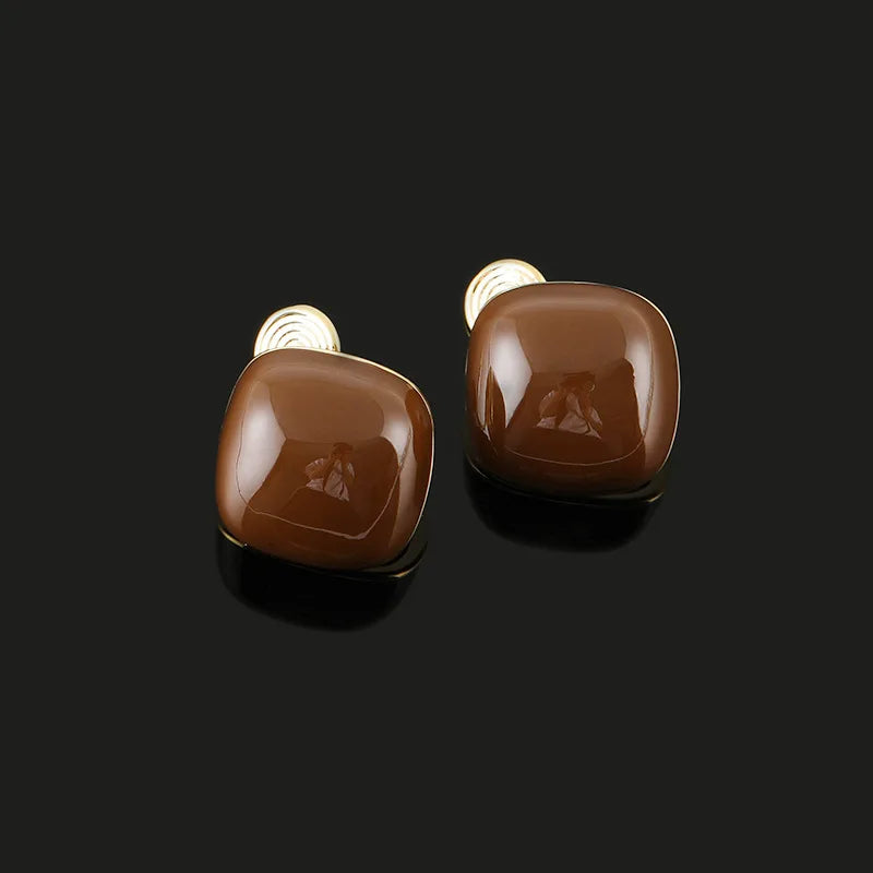 Elegant Vintage Luxury Coffee Brown Square Enamel Alloy Coil Stud & Clip On No Piercing Earrings