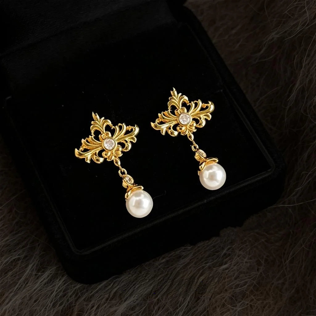 Original Design Iris Flower Pearl Copper Drop Earrings Geometric Luxury Style Women's Jewelry