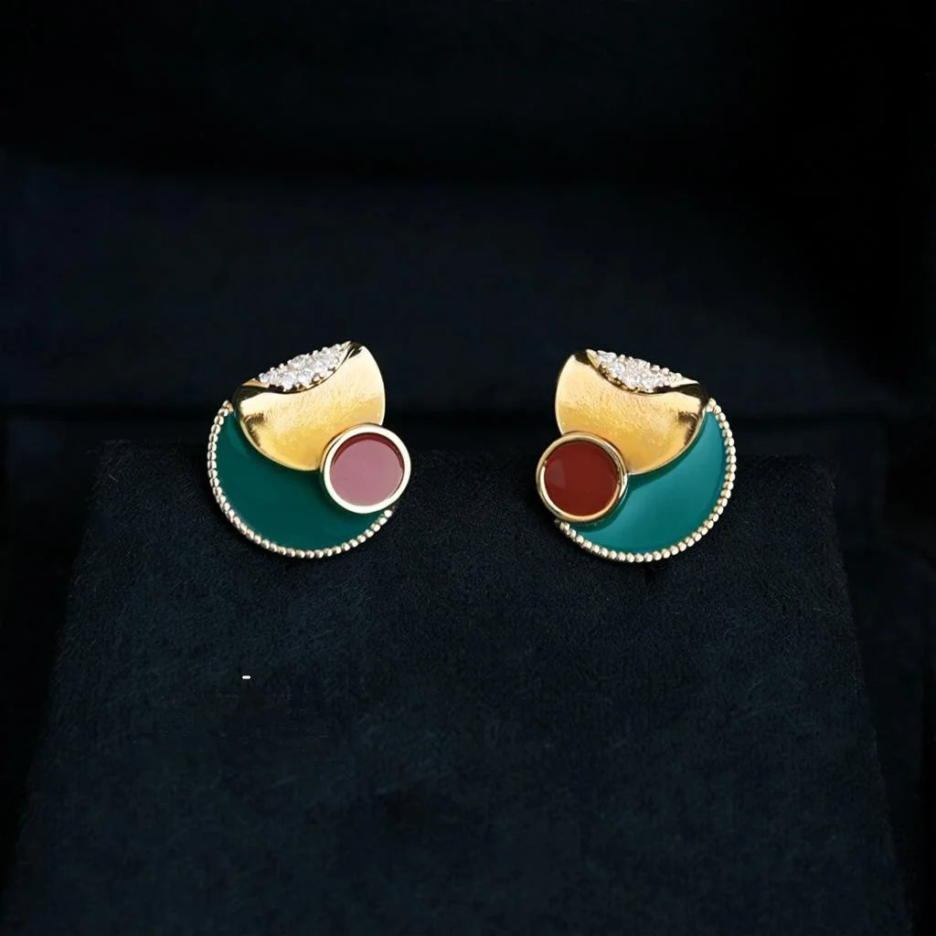 Niche Designer Geometric Enamel Copper Zircon Round Triangle U Shape Stud Earrings for Women