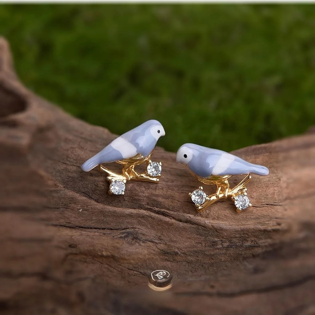 Copper Enamel Painted Bird Stud Earrings With Micro Pave Zircon, Forest Style Silver Plated Pins