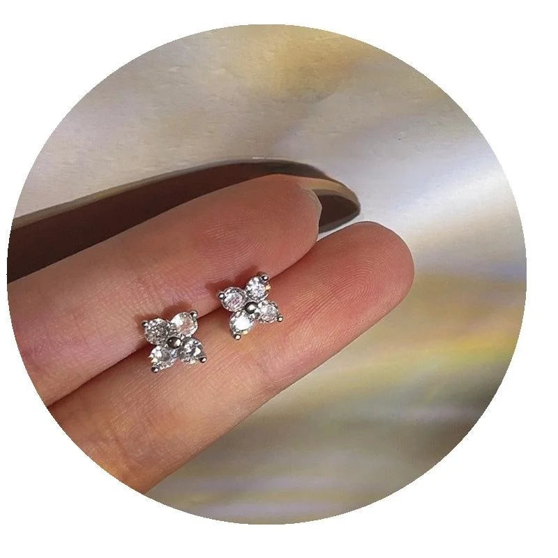 Mini Micro Pave Zircon Lucky Flower Copper Stud Earrings, Silver Plated Simple Daily Jewelry