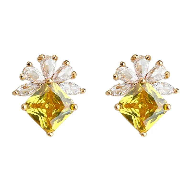 Sparkling 14K Plated Copper Zircon Flower Geometric Stud Earrings