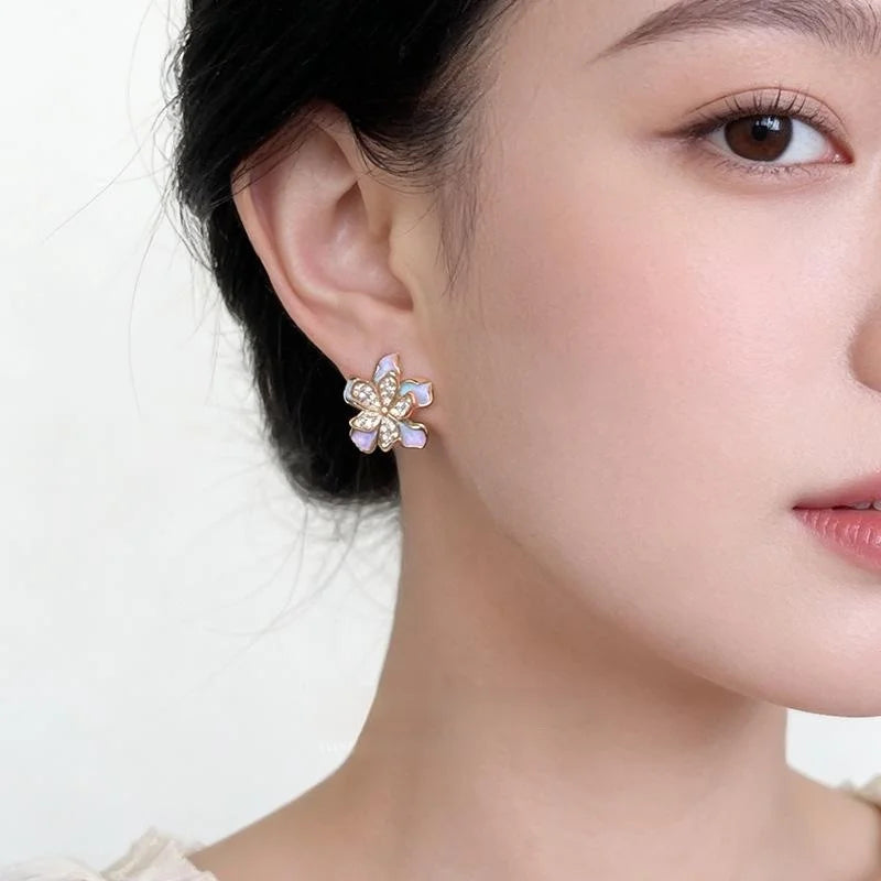 Sweet Floral Zircon Enamel Copper Stud Earrings, Designer Summer Flower Petal Jewelry