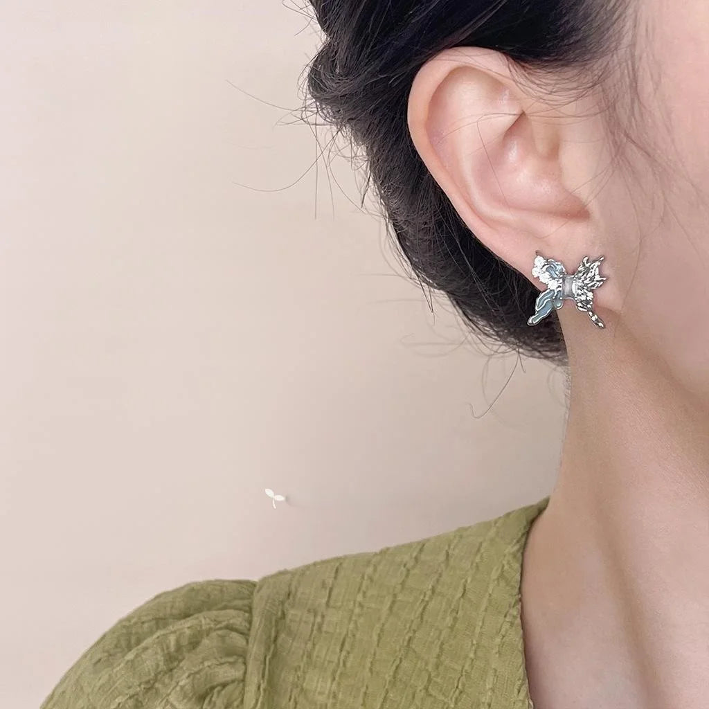 Original Design Blue Zircon Butterfly Liquid Copper Stud Earrings Sweet Cool Irregular Style