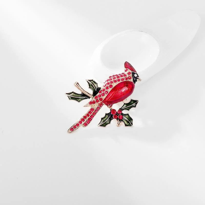Luxury Red Cardinal Bird On Holly Branch Enamel Rhinestone Brooch, Elegant Lapel Pin Corsage Gift