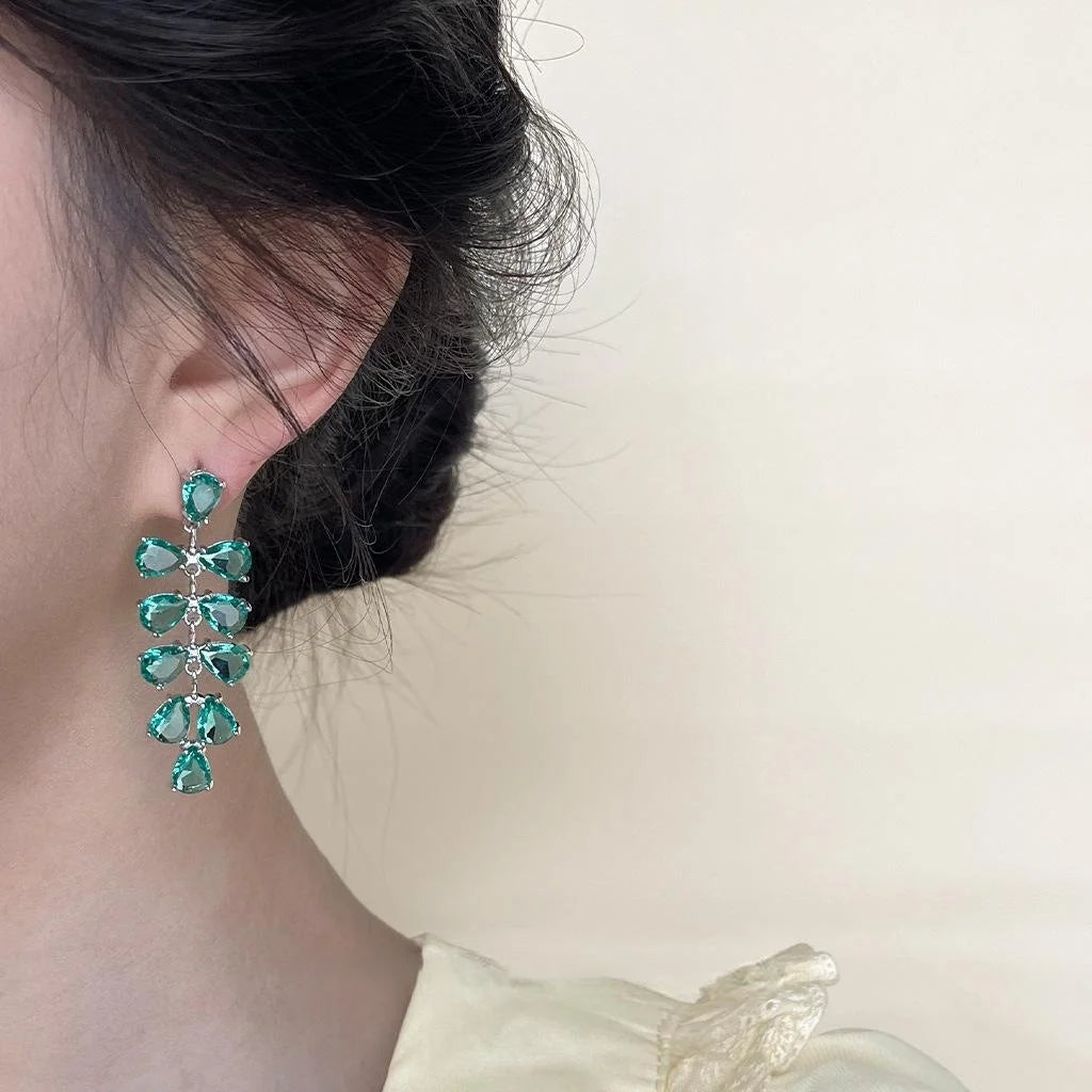 Light Luxury Copper Leaf Tassel Water Drop Zircon Micro Pave Stud Earrings