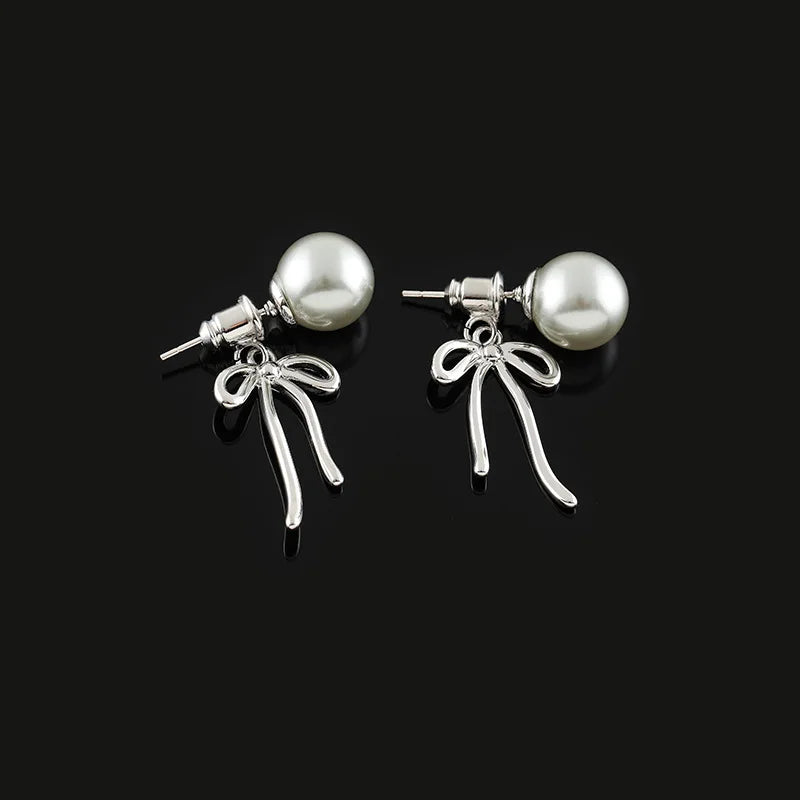Elegant Sweet Pearl Bowknot Long Tassel Alloy Spiral Disc Stud & Clip On No Piercing Earrings