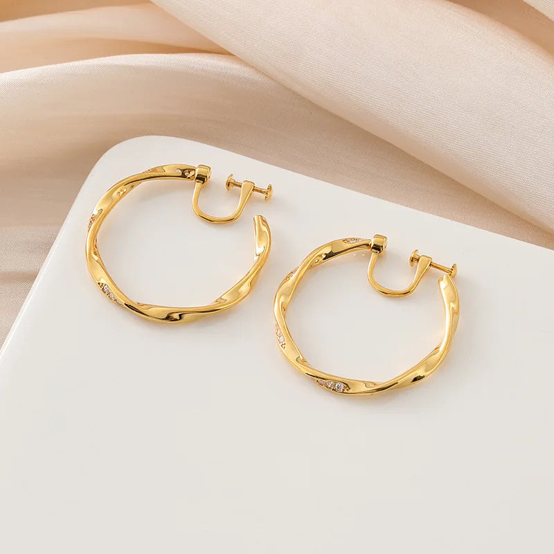 Elegant Hong Kong Style Gold Twisted Hoop Zircon Alloy Stud & Clip On No Piercing Women's Earrings