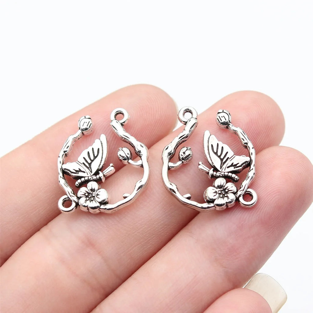 22x19mm 2.1g Antique Silver Zinc Alloy Butterfly Flower Connector Charm for DIY Bracelet Jewelry Making