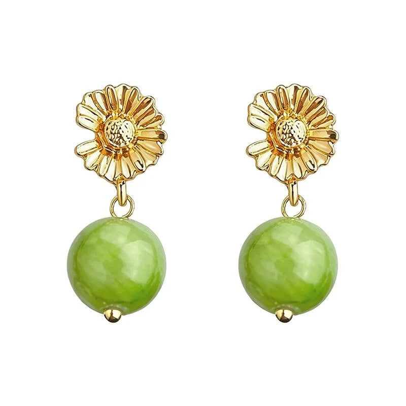 Forest Style Green Daisy Natural Stone Drop Earrings, Eco Friendly Copper Handmade Floral Jewelry