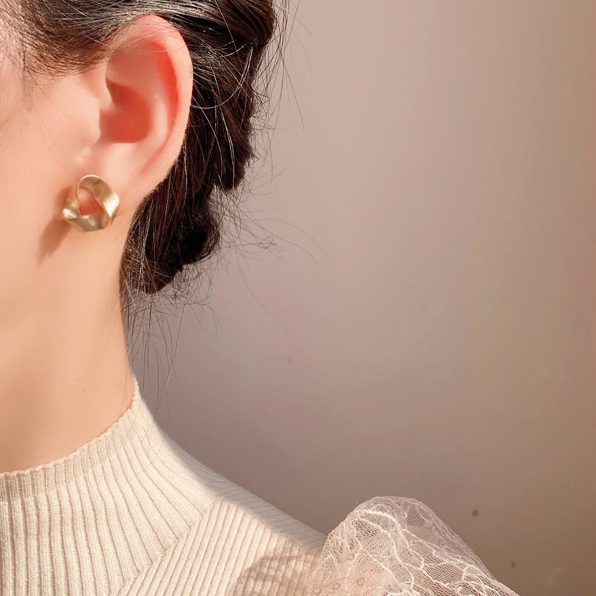 Vintage Matte Gold Alloy Twisted Triangle Hoop Stud & Clip On No Piercing French Elegant Earrings