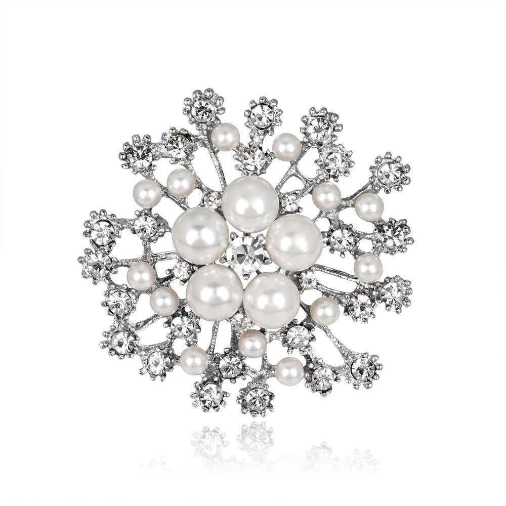 Elegant Snowflake Flower Pearl Rhinestone Brooch, Gold Alloy Lapel Pin Corsage Suit Accessory Gift