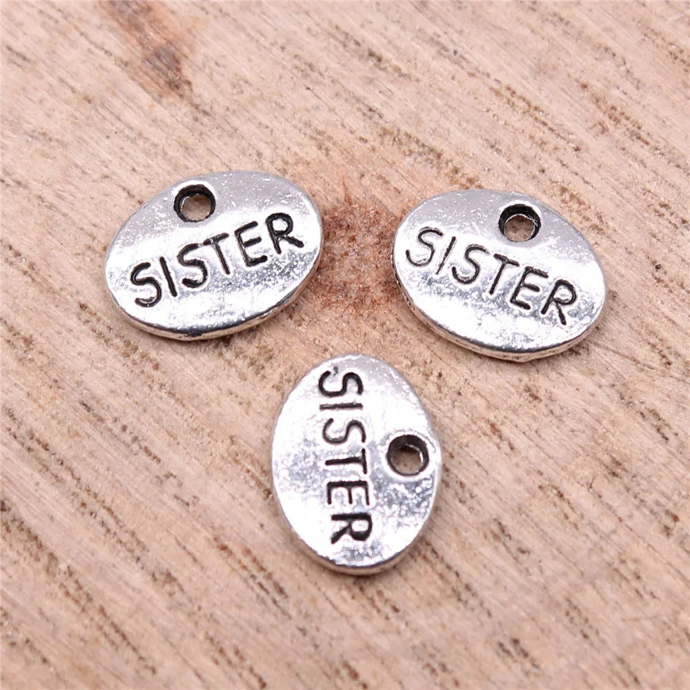 12x9mm 0.8g Antique Silver Zinc Alloy Sister Word Tag Letter Charm Pendant for DIY Bracelet Jewelry Making