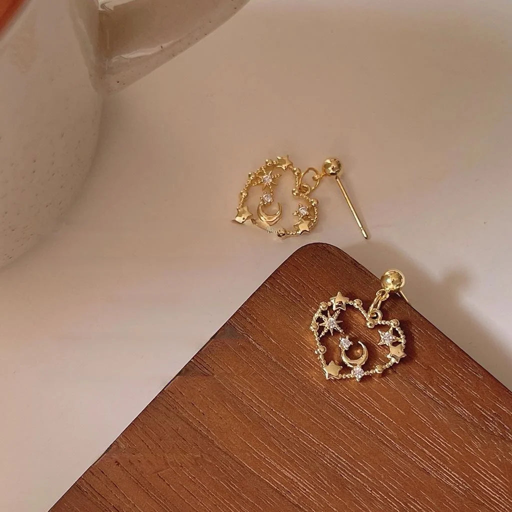 Vintage Silver Plated Copper Heart Star Moon Micro Pave Zircon Stud Earrings