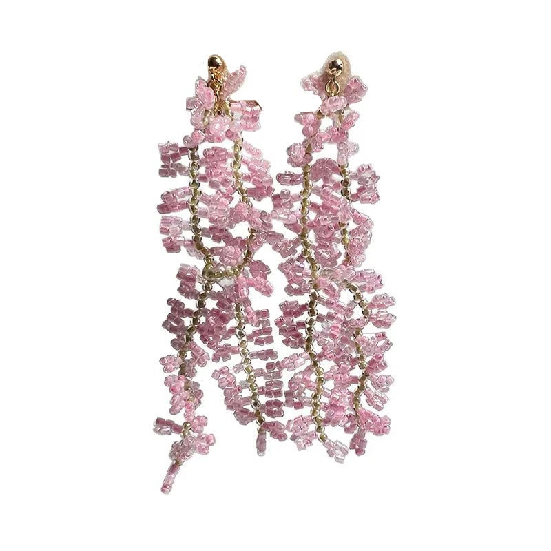 Elegant Pink Flower Beaded Long Tassel Alloy Stud & Clip On No Piercing Handmade Fringe Earrings