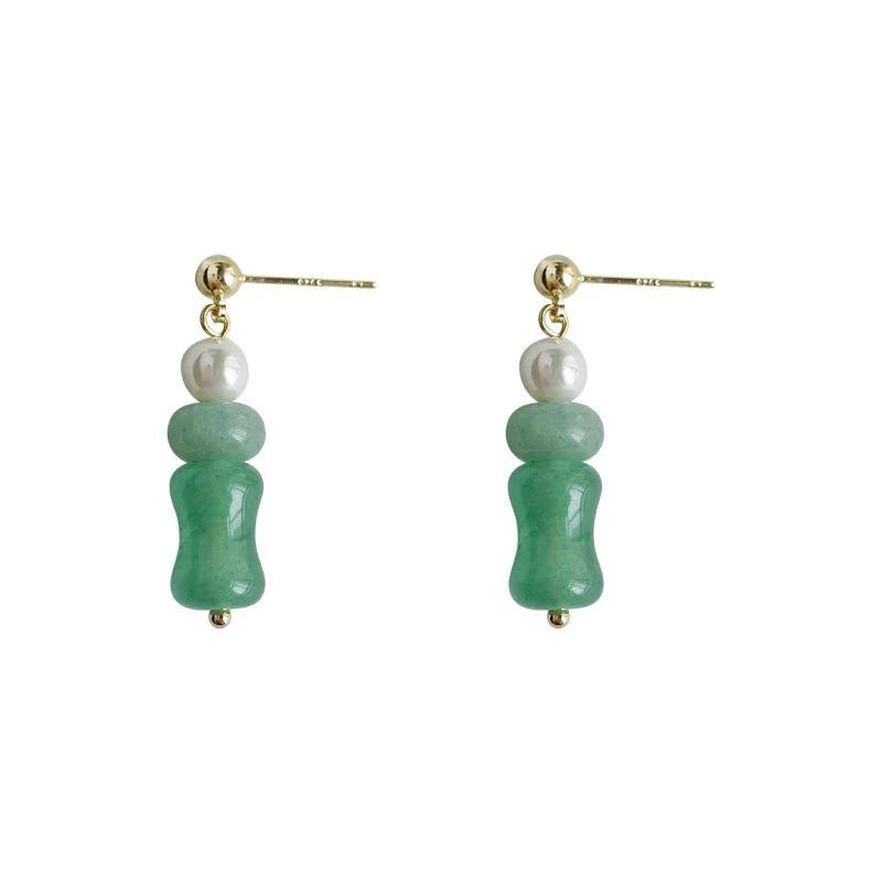 New Chinese Copper Green Jade Glass Bamboo Bead Stud Earrings Elegant Geometric Style