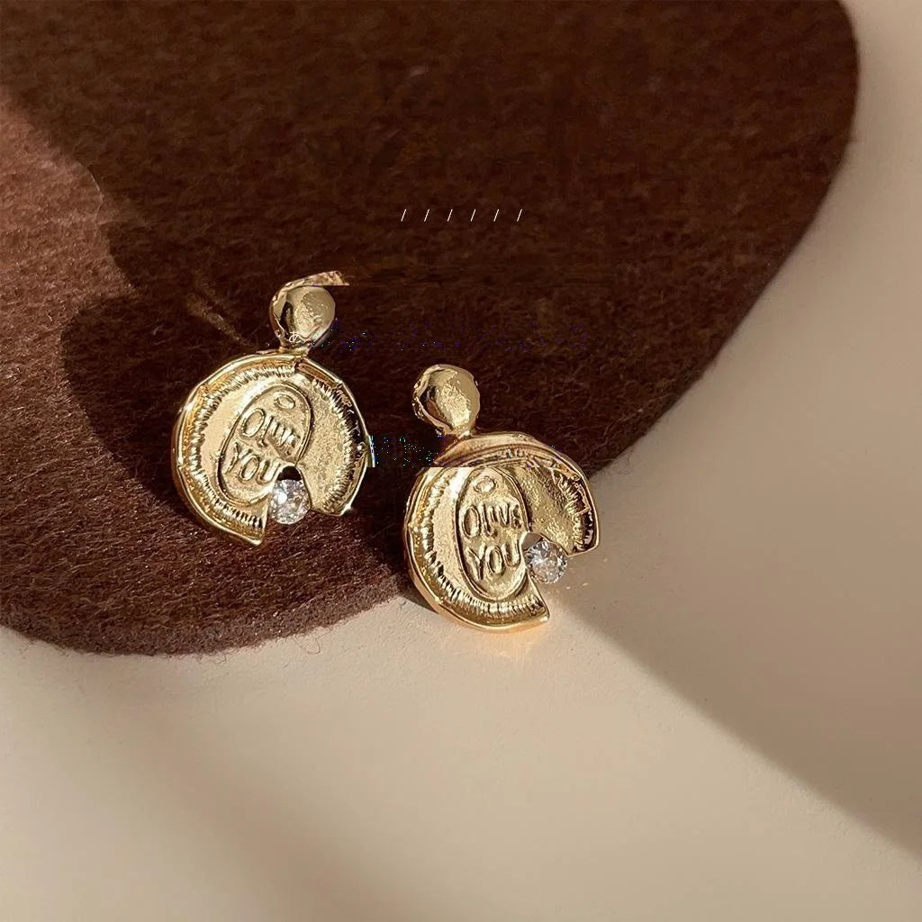 Vintage French Copper Coin Drop Earrings With Micro Pave Zircon Letter Design