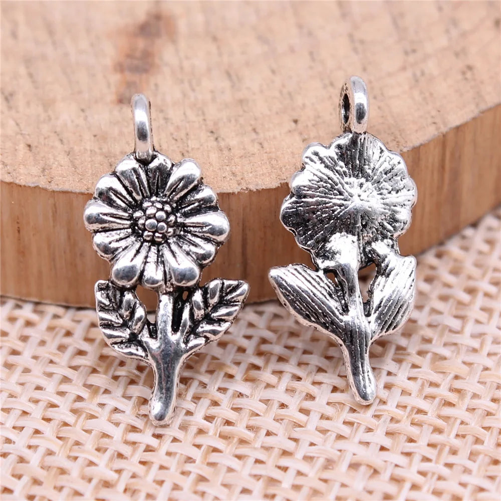 21x10mm 0.9g Antique Silver Zinc Alloy Flower Charm Pendant for DIY Necklace Bracelet Making