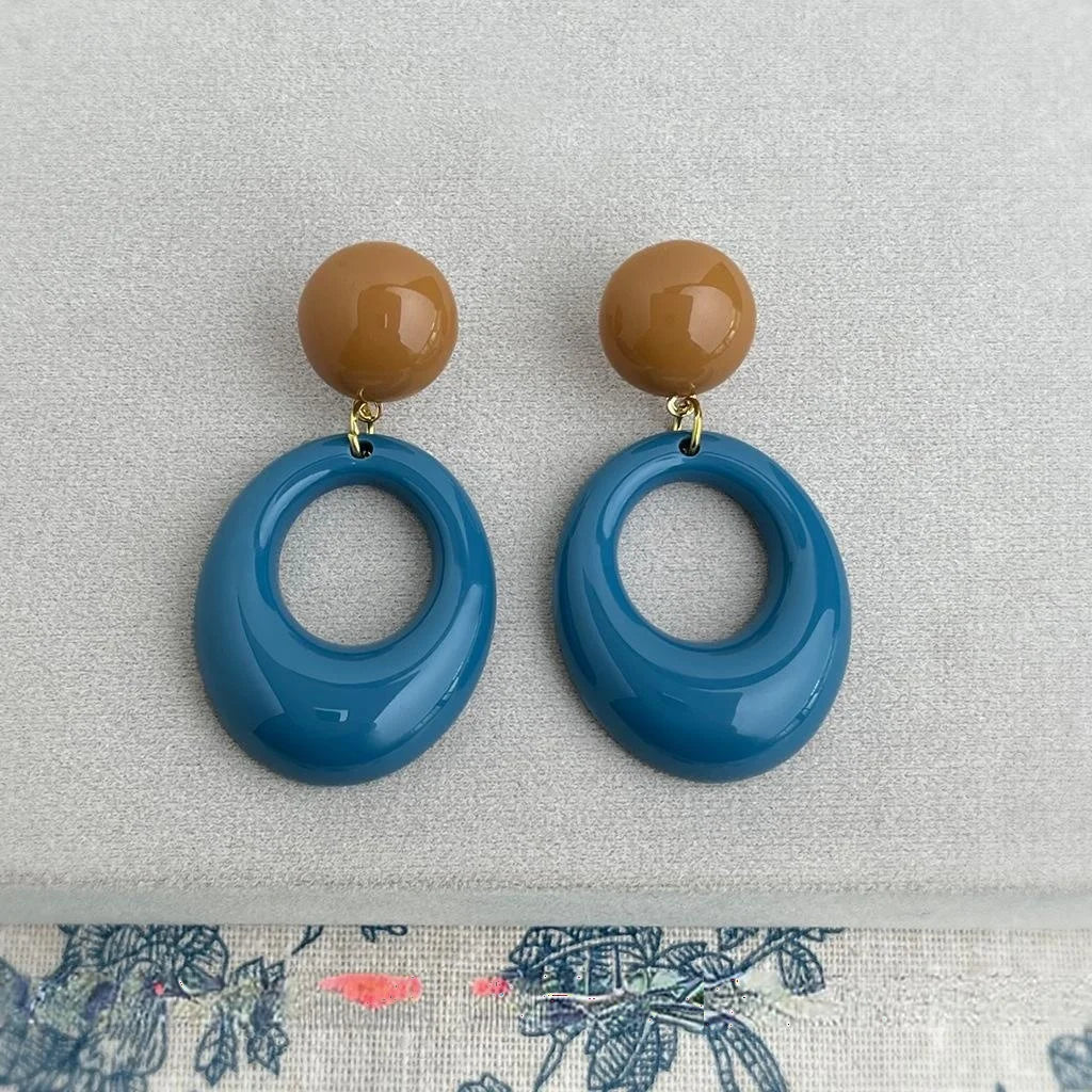 Vintage Hong Kong Style Haze Blue Geometric Resin Drop Earrings With Copper
