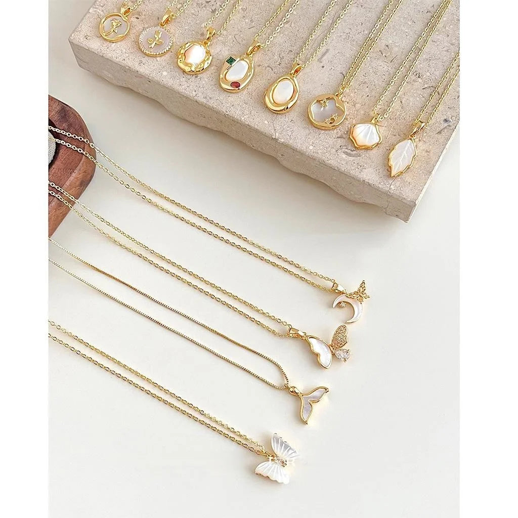 18K Gold Plated Copper Real Shell Round Geometric Light Luxury Clavicle Necklace