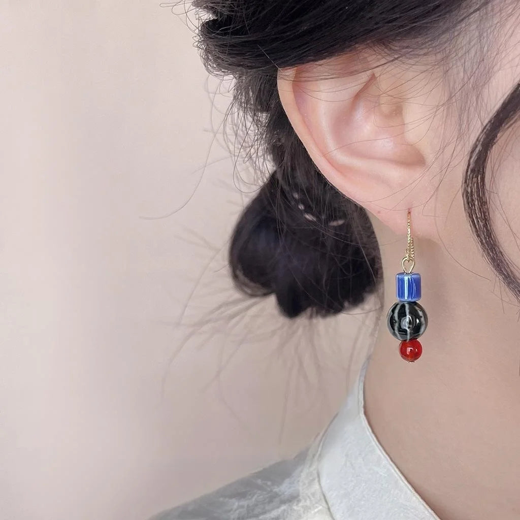 New Chinese Blue And White Porcelain Handmade Ceramic Copper Geometric Drop Earrings