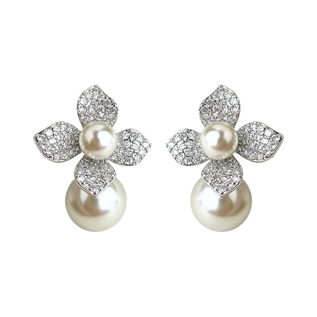 Sweet Flower Glass Pearl Zircon Micro Pave Copper Drop Earrings For Women