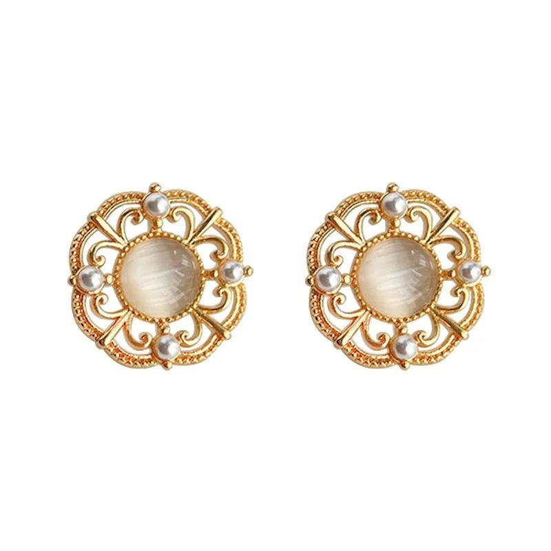 14K Gold Plated Copper Glass Cat Eye Stone Hollow Round Geometric New Chinese Drop Earrings