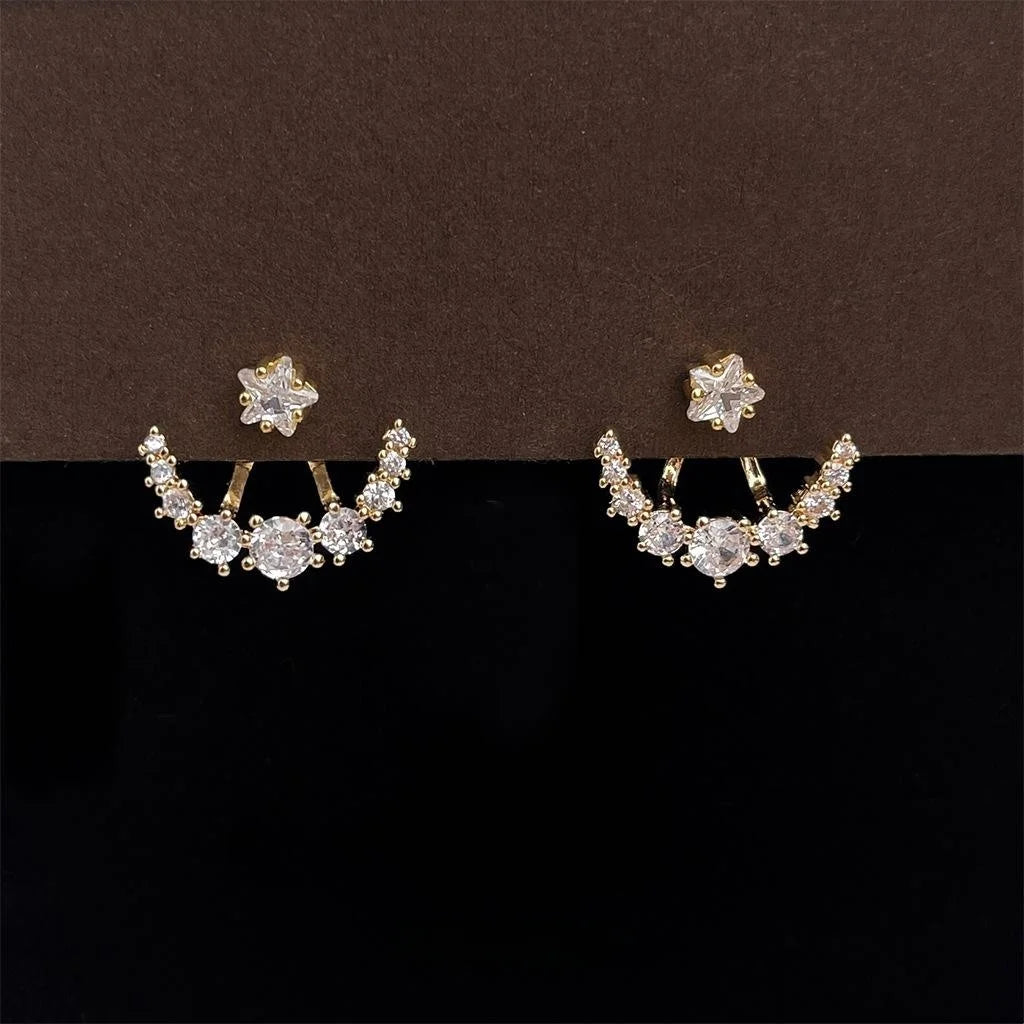 Micro Pave Zircon Star Moon Stud Earrings Eco Copper Two Way Fashion OL Silver Plated Pin