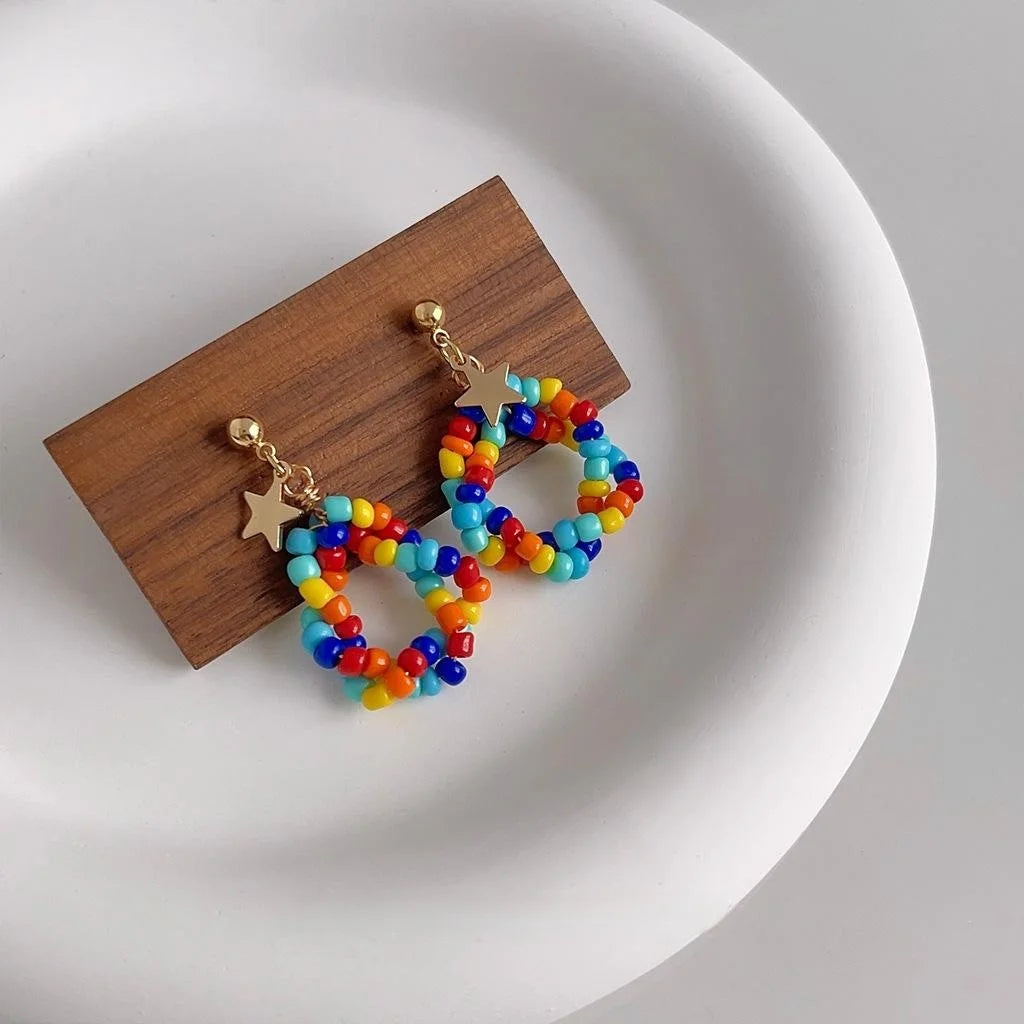 Handmade Colorful Seed Bead Tassel Drop Earrings Ethnic Geometric Vacation Jewelry