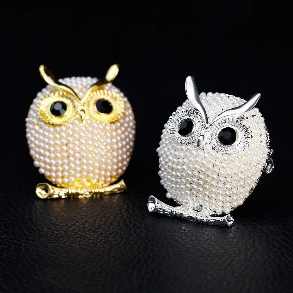 Elegant Gold Owl Brooch With Faux Pearl Beads And Black Rhinestone Eyes, Luxury Lapel Pin Corsage Gift