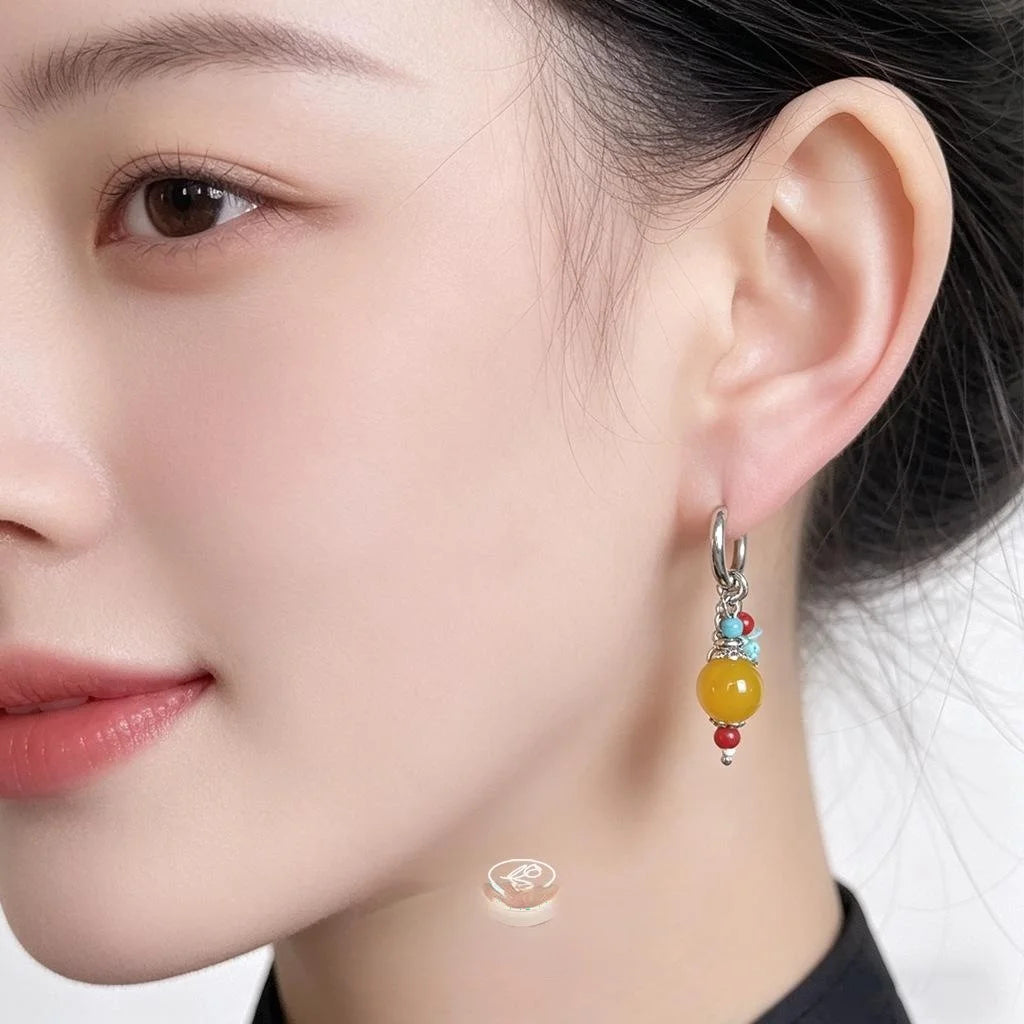 2026 New Chinese Style Geometric Colorful Beaded Copper Natural Stone Synthetic Turquoise Tassel Drop Earrings
