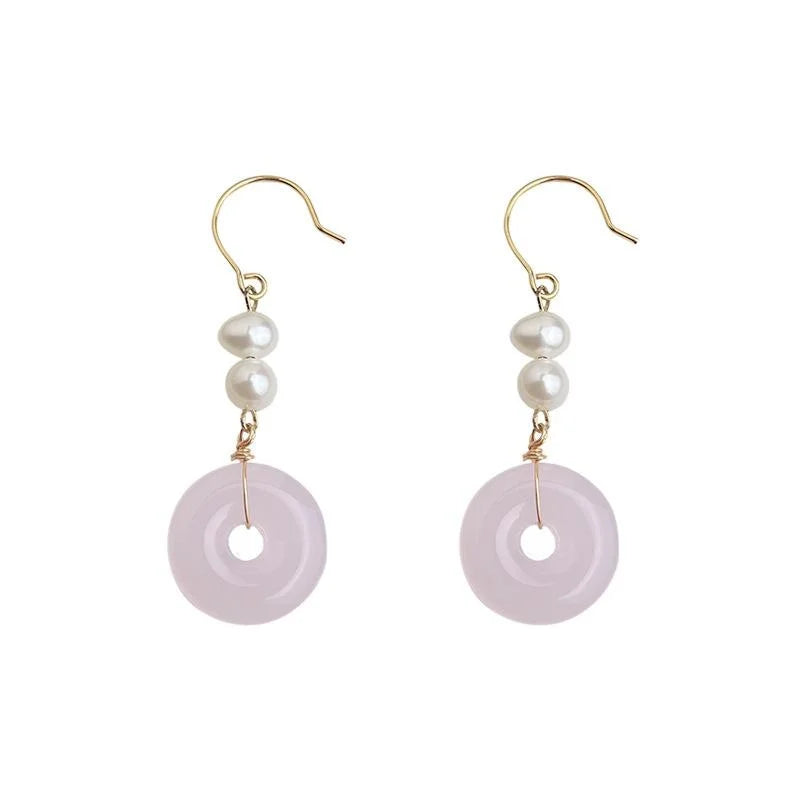 Vintage Court Style Freshwater Pearl Pink Glass Crystal Round Hoop Drop Earrings