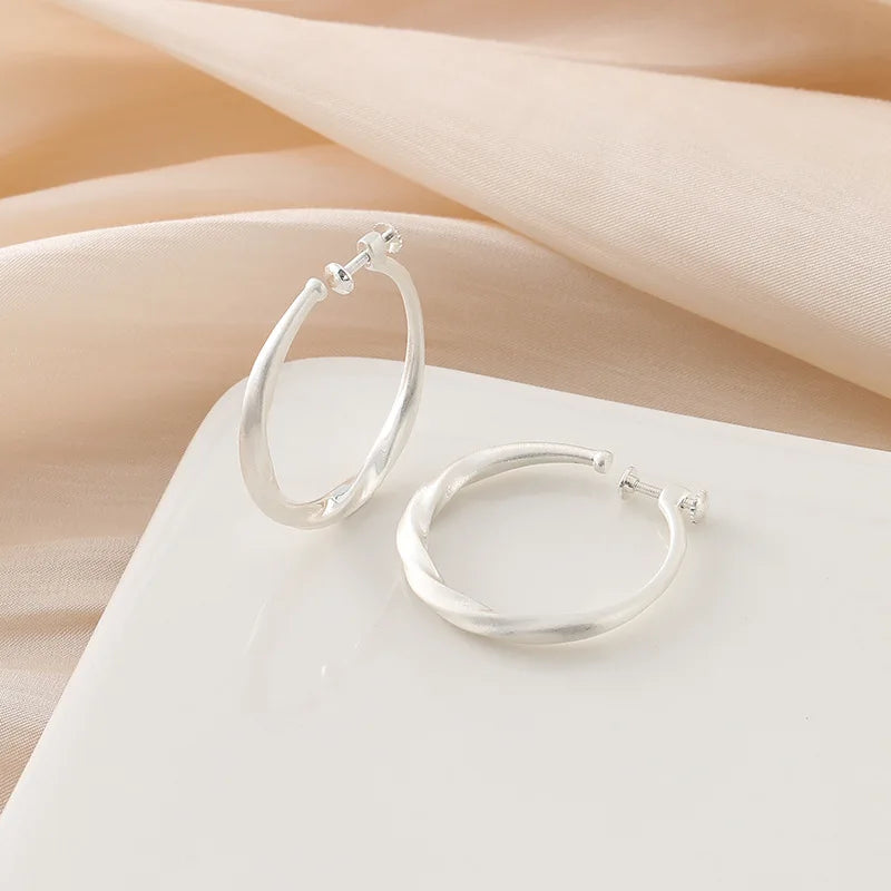 Elegant Brushed Silver Alloy Round Hoop Earrings, Stud & Clip On No Piercing Lightweight Hoop Earrings
