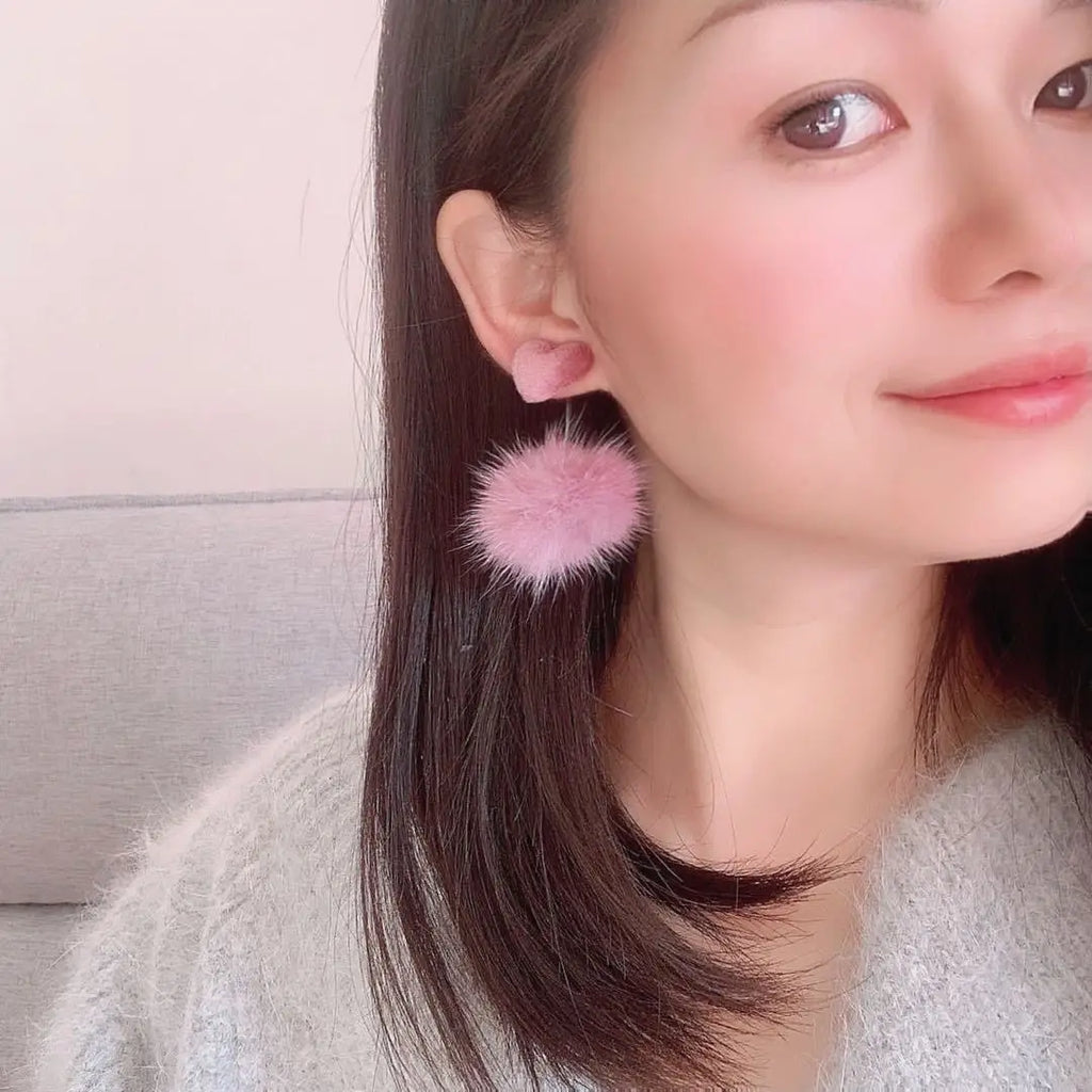 Pink Mink Fur Pom Pom Drop Stud & Clip On No Piercing Alloy Ball Dangle Winter Earrings