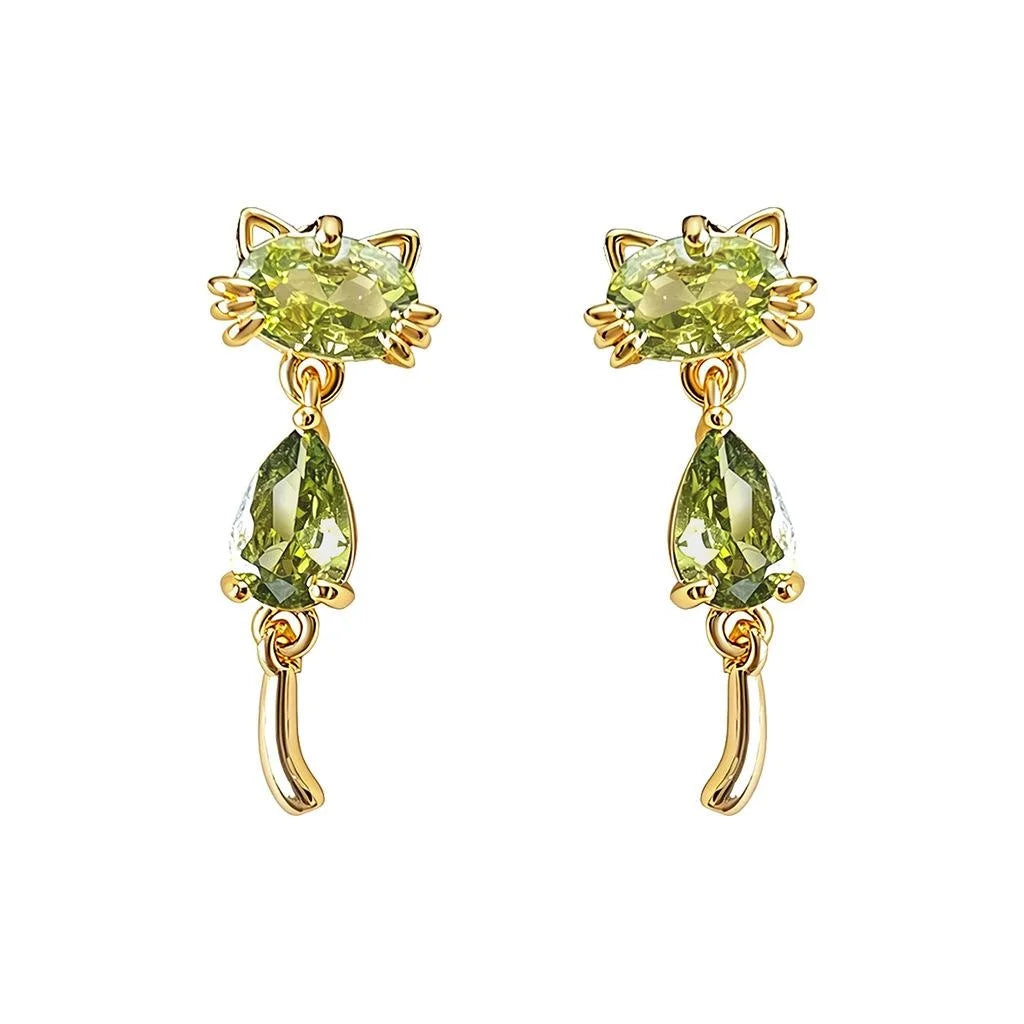 Olive Green Zircon Cat Drop Earrings Copper Cute Animal Design Fashion Jewelry For Women