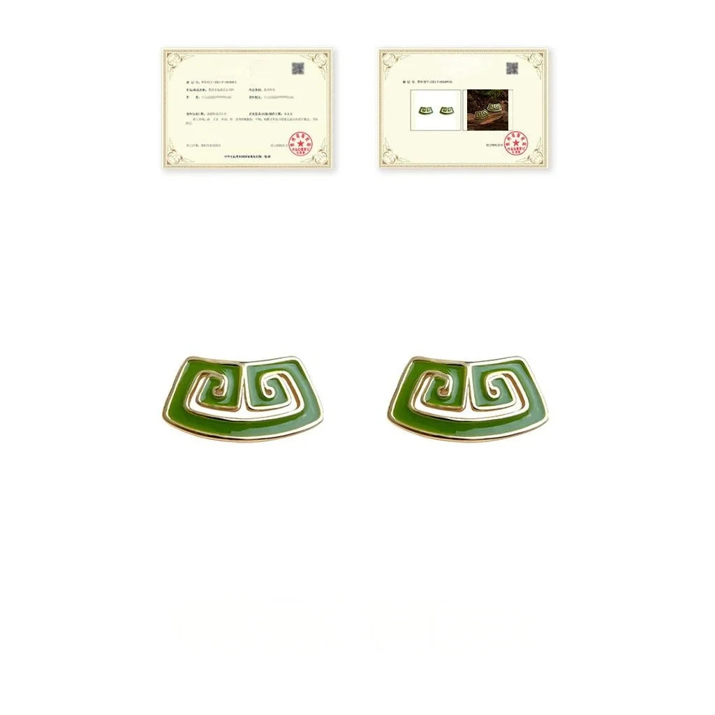New Chinese Guochao Vintage Copper Great Wall Enamel Geometric Stud Earrings