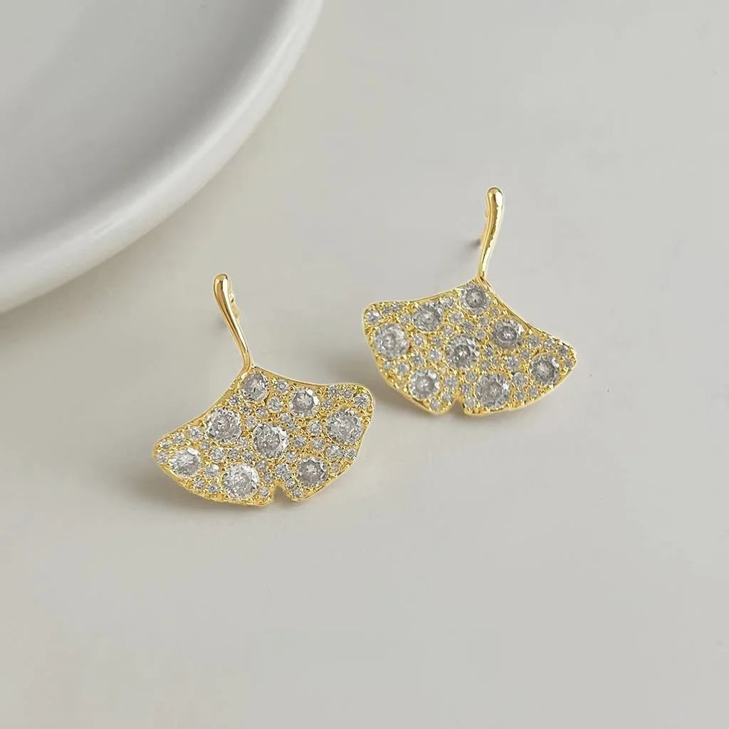 Light Luxury Micro Pave Zircon Ginkgo Leaf Copper Stud Earrings Elegant Floral Jewelry