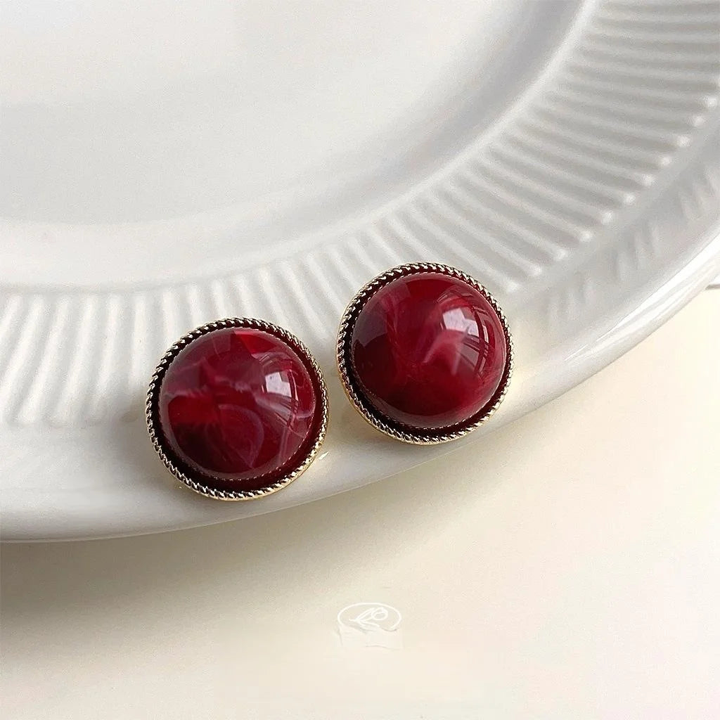 French Vintage Hong Kong Style Red Blush Resin Ball Stud Earrings With Silver Plated Pins
